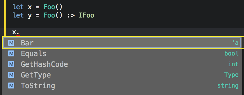 Intellisense dialog showing that the interface methods are not available on the class