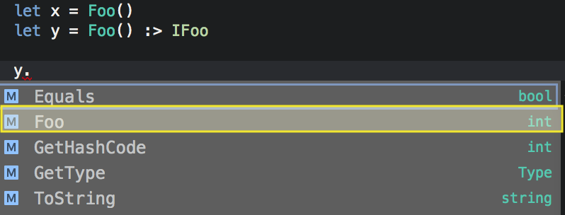 Intellisense dialog showing that the class methods are not available on the interface